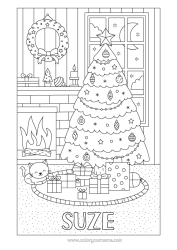Coloriage personnalisable Chat Hiver Cadeaux Décorations de Noël Cheminée Couronne de Noël Chiens et chats Sapin