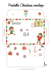 Pagina da colorare personalizzabile Elfo di Natale Natale Lettere di elfi scherzosi Busta Busta da stampare Busta di Natale