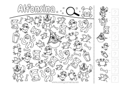 Página de desenho personalizável Pirata Atividades para Crianças Caranguejo Ache e Encontre Animais marinhos ou aquáticos Polvo, Lula