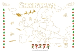 Página de desenho personalizável Pai Natal Elfo de Natal Páginas para colorir de elfos Geografia Mapa do Mundo Viagem do Elfo de Natal Mapa dos continentes Mapa Volta ao Mundo dos Duendes Duendes de Natal Viajantes Europa