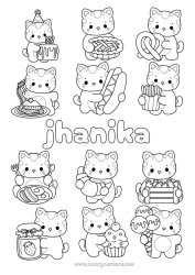 Coloriage personnalisable Gâteau Chat Kawaii Nourriture Animal Gourmandises, sucreries Cupcake Chiens et chats Oeuf Frites Biscuits Hot dog Bretzel Confiture