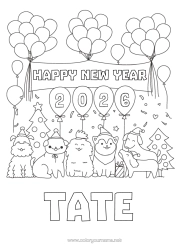 Coloriage personnalisable Ballons Fête Chien Bonne année Animal Chiens et chats Sapin Message