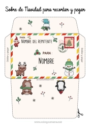 Colorear personalizable Llevar Invierno Muñeco de nieve Elfos de navidad Navidad Kawaii Animales Sobre Animales del bosque Ciervo Sobre para imprimir Viaje del duende navideño Sobre de Navidad Sobre para el correo del duende de Navidad