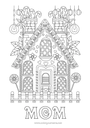 Página de desenho personalizável Natal Pão de Gengibre Bengala de Natal Guloseimas, doces Casa Colorações Complexas Pirulito