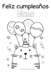 Pagina da colorare personalizzabile Gatto Compleanno Palloncini Festa Animale Disegni da colorare facili CanI e gatti