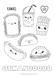 Página de desenho personalizável Fofo Kawaii Comida Bebida Refrigerante Colorações Intermediárias Hambúrguer Sanduíche Tacos