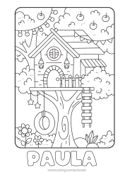 Página de desenho personalizável Árvore Casa Jogos e brinquedos Macieira Balanço Cabana