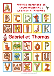 Pagina da colorare personalizzabile Natale Missione dell'Elf di Natale Attività per Bambini Alfabeto Lettera dell'alfabeto