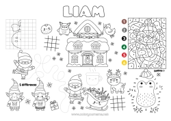 Página de desenho personalizável Pai Natal Trenó Elfo de Natal Natal Número Colorir por números Atividades para Crianças Ligando os Pontos Ache e Encontre Labirinto Simetria Jogo americano para imprimir Ligue os Números