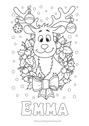 Página de desenho personalizável Rena Bola de Natal Decorações de Natal Coroa de Natal Azevinho Animais da floresta Veado