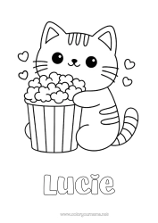 Pagină de colorat personalizabilă Pisică Drăguț Animal Popcorn Dulciuri, bunătăți Desene de colorat ușoare Câini și pisici