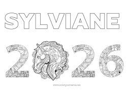 Página de desenho personalizável Cavalo Feliz Ano Novo Zentangle Animais de fazenda 2026