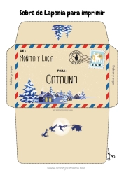 Pagina da colorare personalizzabile Inverno Natale Busta Paesi Busta da stampare Viaggio dell'elfo di Natale Lapponia Finlandia Busta per la corrispondenza dell'elfo di Natale