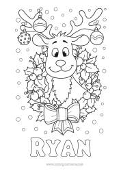 Pagina da colorare personalizzabile Renna Palla di Natale Decorazioni di Natale Ghirlanda di Natale Agrifoglio Animali della foresta Cervo