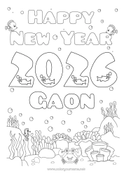 Colorear personalizable Mar Feliz año Pescado Caballo de mar Cangrejo Animales marinos o acuáticos 2025 Mensaje 