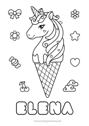 Página de desenho personalizável Kawaii Unicórnio Animal Guloseimas, doces Sorvete Colorações Intermediárias Dragões, unicórnios e animais fantásticos