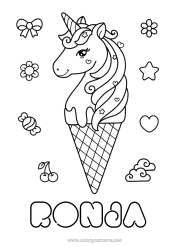 Página de desenho personalizável Kawaii Unicórnio Animal Guloseimas, doces Sorvete Colorações Intermediárias Dragões, unicórnios e animais fantásticos