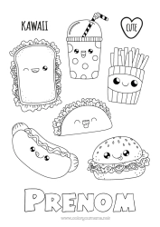 Coloriage personnalisable Mignon Kawaii Nourriture Boisson Soda Coloriages intermédiaires Hamburger Sandwich Tacos