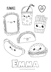 Coloriage personnalisable Mignon Kawaii Nourriture Boisson Soda Coloriages intermédiaires Hamburger Sandwich Tacos