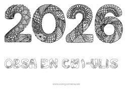 Pagina da colorare personalizzabile Buon Anno Zentangle 2026