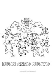 Pagina da colorare personalizzabile Orso Scoiattolo Volpe Gufo, Civetta Coniglio Buon Anno Uccelli e mammiferi volanti Animali della foresta Anno personalizzabile 2026 2027 2028 2029