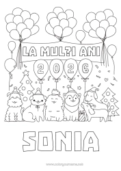 Página de desenho personalizável Bolas Festa Cachorro Feliz Ano Novo Animal Cães e gatos Árvore de Natal Mensagem de 