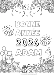 Colorear personalizable Muñeco de nieve Jirafa Globos Feliz año Fuegos artificiales Zentangle Animales salvajes de África Año Personalizable 2026 2027