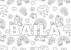 Colorear personalizable Flores Kawaii Unicornio Animales Nombre decorado Arcoíris Lluvia Dragones, unicornios y animales fantásticos Nube Fondo decorativo