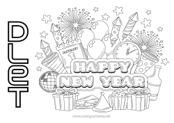 Colorear personalizable Feliz año Fuegos artificiales Champán