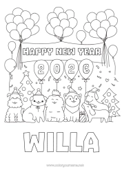 Coloriage personnalisable Ballons Fête Chien Bonne année Animal Chiens et chats Sapin Message 