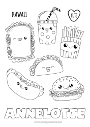 Coloriage personnalisable Mignon Kawaii Nourriture Boisson Soda Coloriages intermédiaires Hamburger Sandwich Tacos