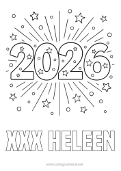 Página de desenho personalizável Feliz Ano Novo Fogos de artifício Estrelas 2026