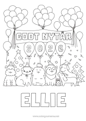 Página de desenho personalizável Bolas Festa Cachorro Feliz Ano Novo Animal Cães e gatos Árvore de Natal Mensagem de