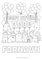 Página de desenho personalizável Bolas Festa Cachorro Feliz Ano Novo Animal Cães e gatos Árvore de Natal Mensagem de