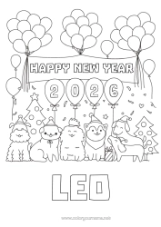 Coloriage personnalisable Ballons Fête Chien Bonne année Animal Chiens et chats Sapin Message 