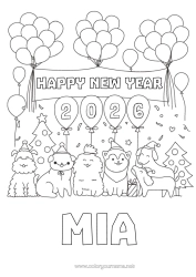 Coloriage personnalisable Ballons Fête Chien Bonne année Animal Chiens et chats Sapin Message 