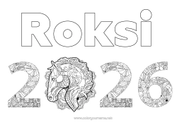 Página de desenho personalizável Cavalo Feliz Ano Novo Zentangle Animais de fazenda 2026
