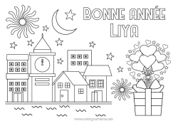 Pagina da colorare personalizzabile Cuore Regali Buon Anno Fuochi d'artificio Paesaggio urbano Messaggio 