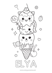Pagina da colorare personalizzabile Caramelle Carino Kawaii Cibo Ciliegia Frutta Dolci, zuccherini Gelato Fragola Lecca-lecca