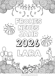 Pagina da colorare personalizzabile Pupazzo di neve Giraffa Palloncini Buon Anno Fuochi d'artificio Zentangle Animali selvatici dell'Africa Anno personalizzabile 2026 2027