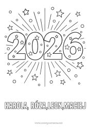 Pagina da colorare personalizzabile Buon Anno Fuochi d'artificio Stelle 2026