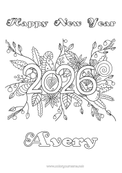 Pagina da colorare personalizzabile Fiori Buon Anno Messaggio 