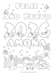 Página de desenho personalizável Mar Feliz Ano Novo Peixe Cavalo-marinho Caranguejo Animais marinhos ou aquáticos 2025 Mensagem de 