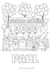 Coloriage personnalisable Ballons Fête Chien Bonne année Animal Chiens et chats Sapin Message 
