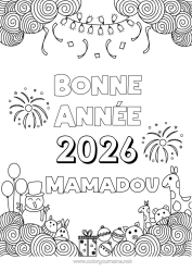 Coloriage personnalisable Bonhomme de neige Girafe Ballons Bonne année Feu d'artifice Zentangle Animaux sauvages d'Afrique Année personnalisable 2026 2027