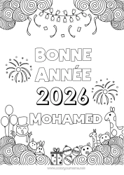 Coloriage personnalisable Bonhomme de neige Girafe Ballons Bonne année Feu d'artifice Zentangle Animaux sauvages d'Afrique Année personnalisable 2026 2027