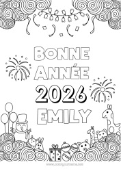 Coloriage personnalisable Bonhomme de neige Girafe Ballons Bonne année Feu d'artifice Zentangle Animaux sauvages d'Afrique Année personnalisable 2026 2027