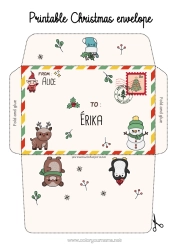Colorear personalizable Llevar Invierno Muñeco de nieve Elfos de navidad Navidad Kawaii Animales Sobre Animales del bosque Ciervo Sobre para imprimir Viaje del duende navideño Sobre de Navidad Sobre para el correo del duende de Navidad