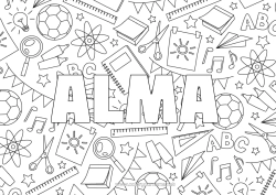 Página de desenho personalizável Nome decorado Escola Jogos e brinquedos Volta às Aulas Materiais Escolares Lupa Tesouras Fundo decorativo