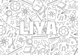 Página de desenho personalizável Nome decorado Escola Jogos e brinquedos Volta às Aulas Materiais Escolares Lupa Tesouras Fundo decorativo